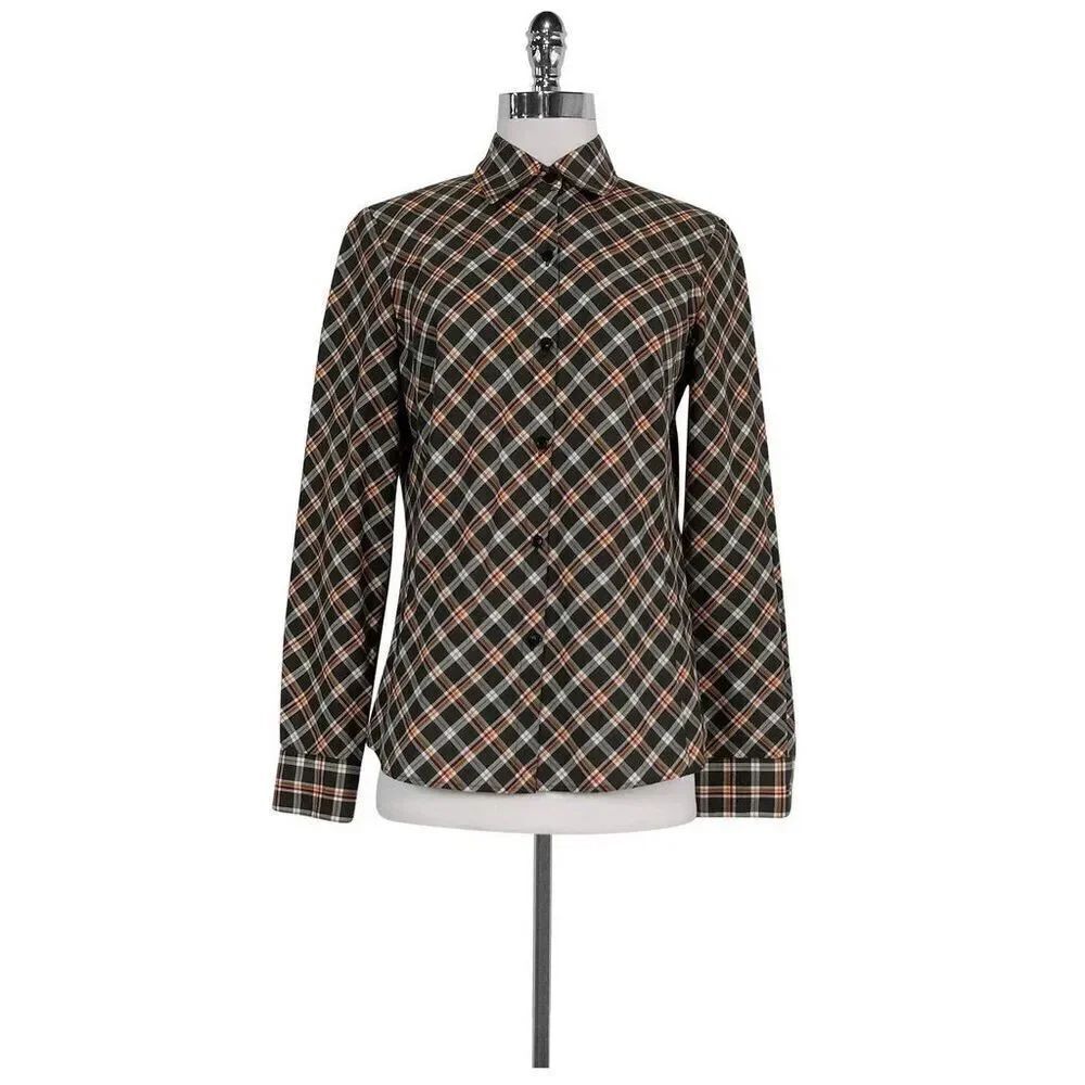 ✨Lafayette 148 - Grey & Orange Plaid Button Down Sz 4✨